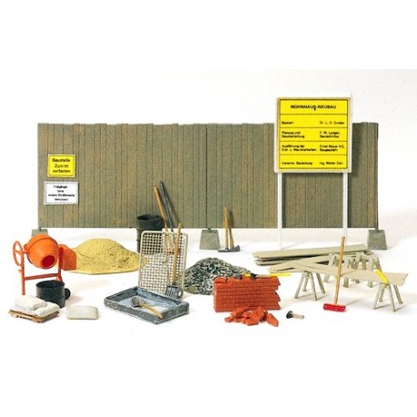 Set de chantier : bétonnière, outillages, matériaux, panneaux et palissades (en pièces détachées)