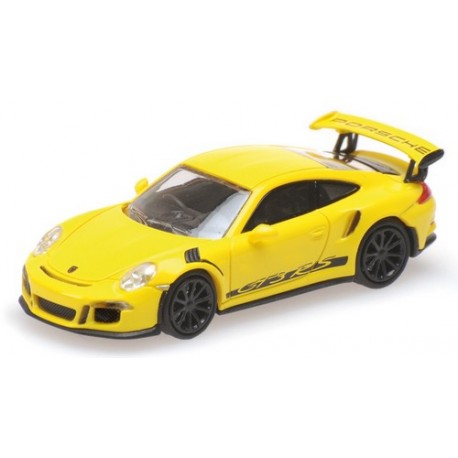 Porsche 911 GT3 RS 2015 jaune avec marquages latéraux noirs "Porsche"