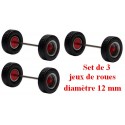 Set de 3 jeux de roues pour remorque et semi gris alu à moyeu rouge (diamètre 12 mm)