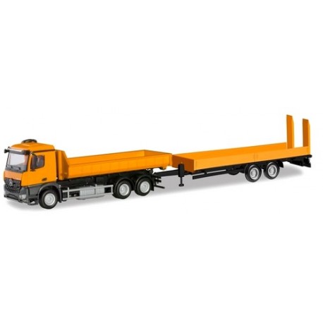 MB Arocs M camion Porte benne + remorque plateau Porte engin orange