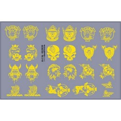 Planche de décalcomanies pour Scania jaunes (Griffon, Aigle, drakkar, viking, etc)
