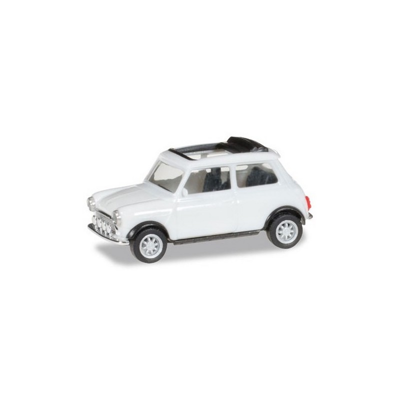 Austin Mini Cooper (1959) blanche avec toit bâché ouvert et feux