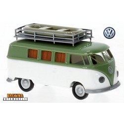 VW T1b Camping-Car vert et blanc (avec galerie & canoé) - 1960
