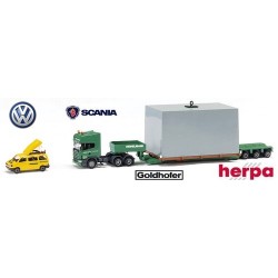 Set Hövelmann : Scania 144 TL 6x4 + semi-remorque Goldhofer Porte caisse & VWT4 Van voiture pliote